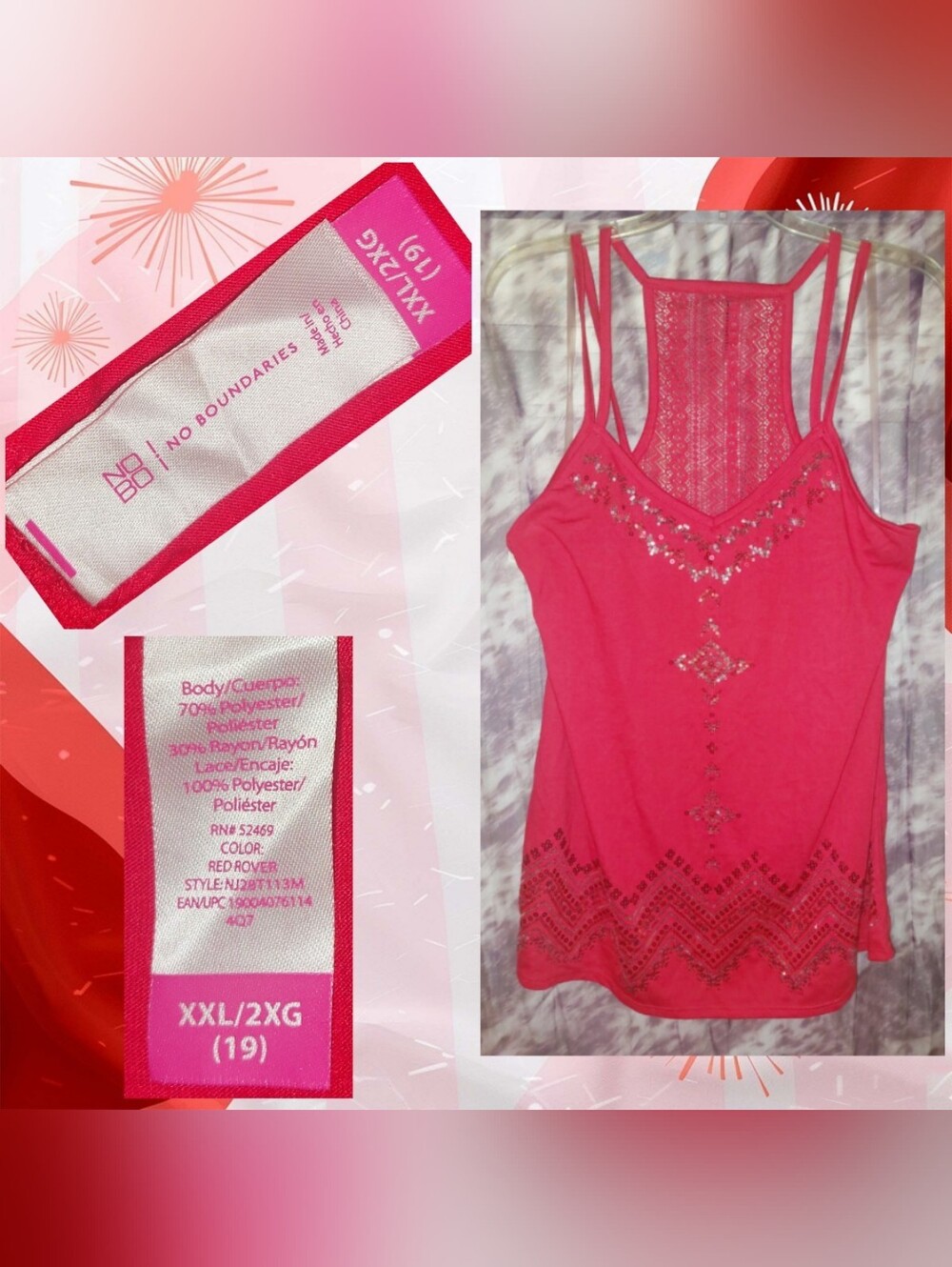 No Boundaries Red w/Multiclr Metallic Sequins Soft Knit Cami Tank XXL/2XG(19)